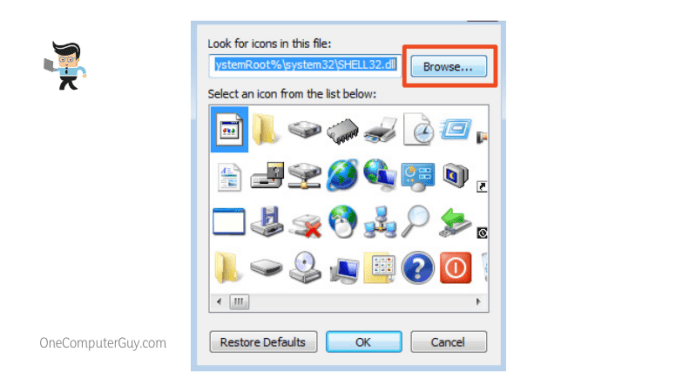 Browse in system default icons folder
