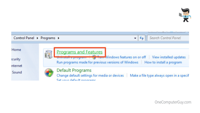 Programs and features option in the programs