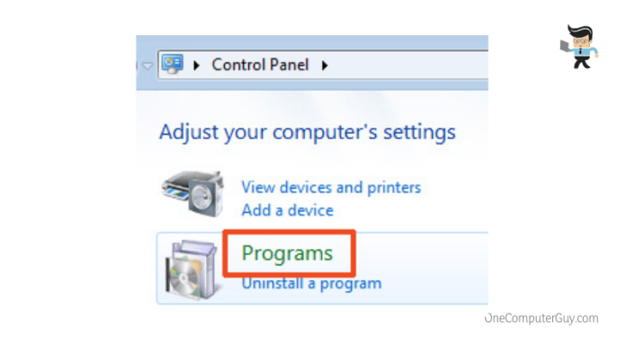 Programs in the control panel window