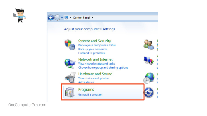 Programs option in the control panel