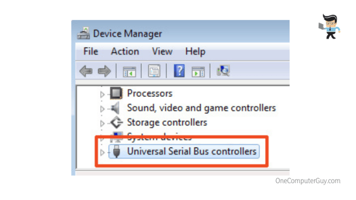 Universal serial bus controllers in device manager