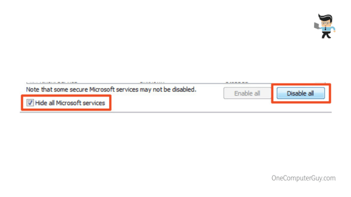 Hide all microsoft services option disable all