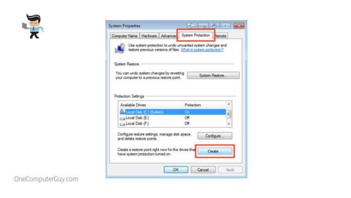 Create a restore point in system protection