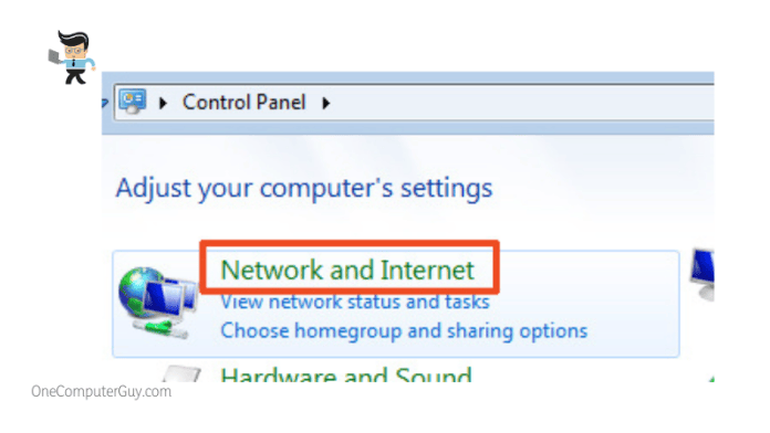 Network and internet option in the control panel window