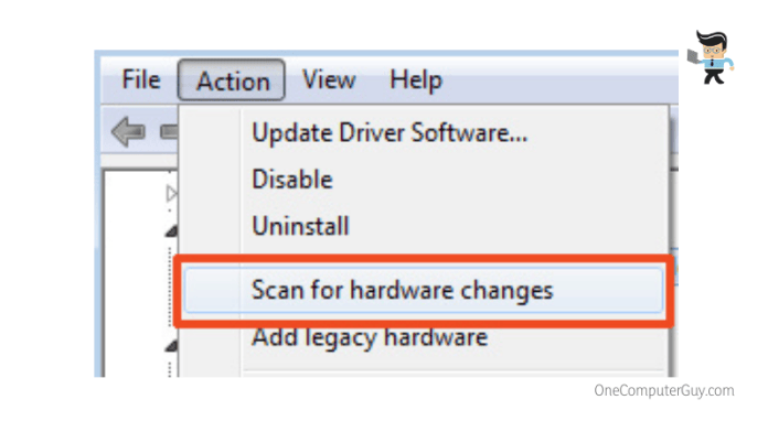 Scan for hardware changes option in the action
